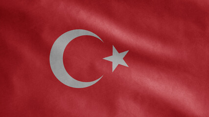 Obraz premium Turkish flag waving in the wind. Close up of Turkey banner blowing soft silk.