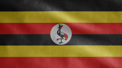 Ugandan flag waving in the wind. Close up of Uganda banner blowing soft silk.