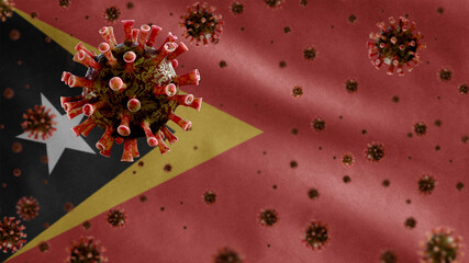Fototapeta na wymiar 3D, Timorese flag waving with Coronavirus outbreak. East Timor Covid 19