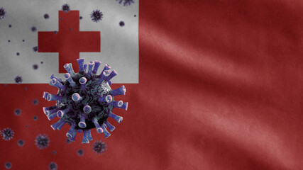 3D, Flu coronavirus floating over Tongan flag. Tonga and pandemic Covid 19