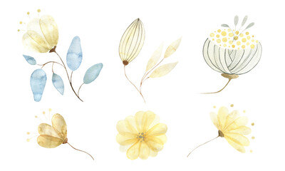 A watercolor set of various abstract gold flowers and buds, isolated elements on a white background. Botanical illustration for postcards, scrapbooking, design