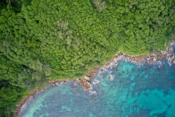 Drone field of view of turquoise blue waters meeting coastline of green forest Praslin, Seychelles.