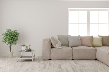 Soft color living room with sofa. Scandinavian interior design. 3D illustration