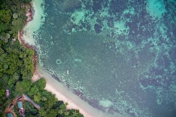 Drone field of view of fishing boats and pristine coastline and forest Praslin, Seychelles.