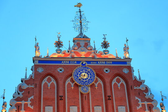 House of the Blackheads at Town Hall square in the center of Old Riga, Latvia in amazing evening. Dramatic sky background. Old historical Church, 1334, 14-th centure