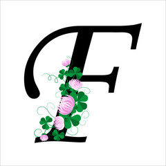 Letter F with floral design on white background.