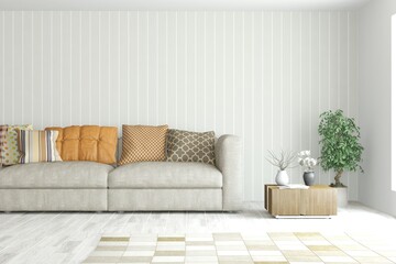 Modern living room in white color with sofa. Scandinavian interior design. 3D illustration