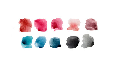 watercolor set of bright multi-colored small strokes, spots. Watercolor palette isolated on white background.