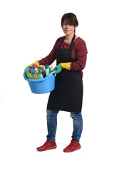 front view of a full portrait housewife with a bucket with cleaning products on white background