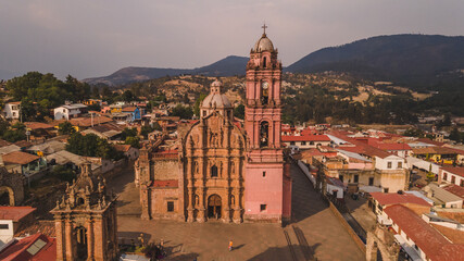 Aerial photos of the historic center of Tlalpujahua, Michoacan, Mexico, as well as its main church