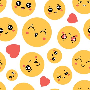 Emoticons seamless pattern. Emoji happy faces for funny print design. Cartoon emoticon, message symbols and smiley icons, vector wallpaper