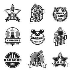 Karaoke emblems. Vintage labels with microphones for music karaoke night party. Retro silhouette singing club badges, mics logo vector set