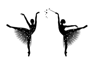 graceful ballerina girl with transparent tutu dress and magic wand standing on pointe shoes - fairy tale godmother figure vector silhouette - obrazy, fototapety, plakaty