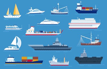 Fototapeta premium Sea boats. Fishing and cargo ships, yacht, shipping boat, cruise ocean liner, motorboat and military warship. Sailboat transport vector set
