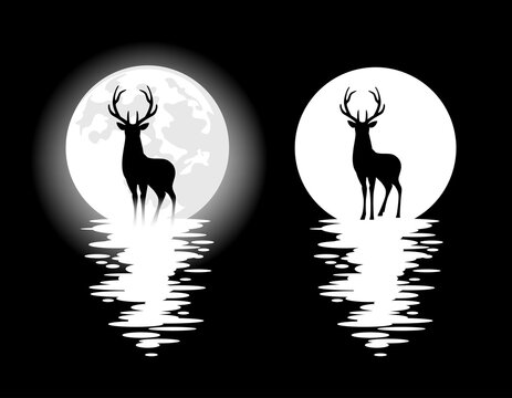 standing deer stag with large antlers and full moon - night wildlife black and white vector design set with mysterious animal spirit silhouette