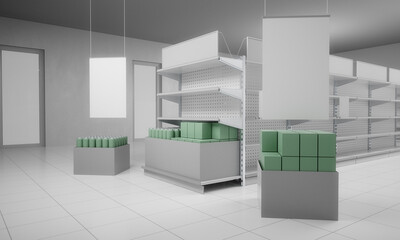 Blank POS Banner In Supermarket, Products in Box, Empty Shelves, 3D Mock-up