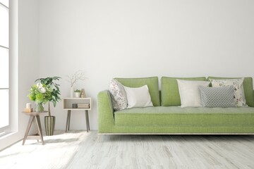Soft color living room with sofa. Scandinavian interior design. 3D illustration