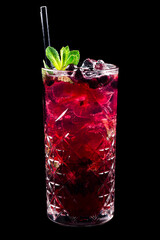 black currant lemonade with ice cubes and mint