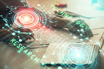 Multi exposure of woman hands working on computer and data theme hologram drawing. Tech concept.