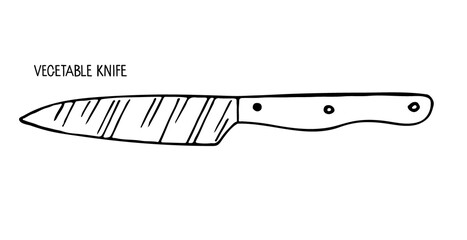 Vegetable knife isolated on white background. Stainless steel kitchen knife for vegetable sketch. Special blade for cutting vegetable. Household utensils and cutlery. One of knives collection. 