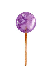 Watercolor purple lollipop. Berry candy on a stick isolated on white background. Hand-drawn illustration. Perfect for your projects, cards, decorations, covers, menu.