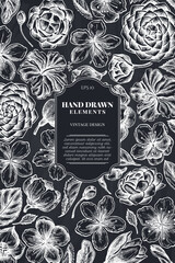 Card design with chalk hibiscus, plum flowers, peach flowers, sakura flowers, magnolia flowers, camellia japonica