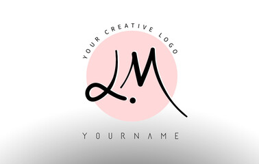 Handwritten Letters LM l m Logo with rounded lettering and pink circle background design.