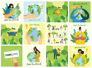 Set of eco save environment pictures. People taking care of planet collage. Zero waste, think green, save the planet, our home hand written text