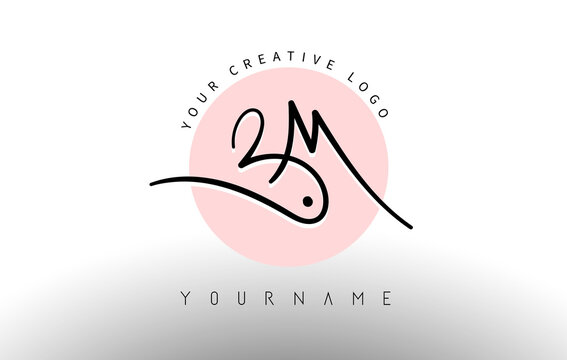 Handwritten Letters BM b m Logo with rounded lettering and pink circle background design.