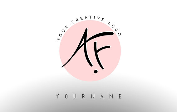 Handwritten Letters AF a f Logo with rounded lettering and pink circle background design.