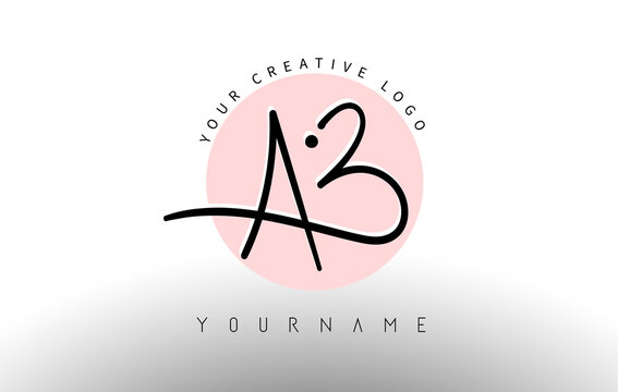 Handwritten Letters AB a b Logo with rounded lettering and pink circle background design.