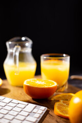 table full of fresh oranges and juice in springtime