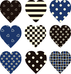 Set of nine hearts in brown blue and white colors