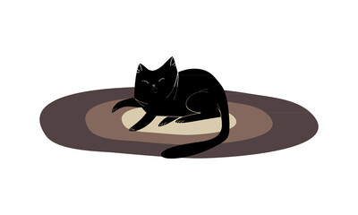 Black cat sleeping on a rug. Cat rest and sleeping. Vector stock illustration.