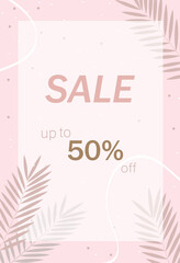Pink vertical template with palm branches for print, social media, web, banner. Vector illustration