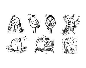Set of cute cartoon chicken in various poses: chickens in love, dreaming, drinking coffee, have fun, crying, take care of kids, working. Outline style. Vector illustration.