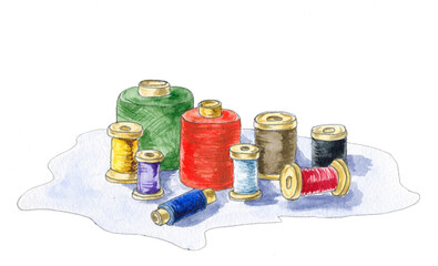 Watercolor and ink sketch of spools different shapes and colors