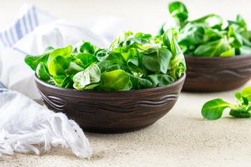 Fresh organic green salad in a clay bowl  on light rustic background. Vallerianella locusta, corn salad or lamb lettuce. Healthy vegan food concept.