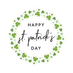 Happy Saint Patrick's Day Banner, St. Patty's Day, Saint Patrick's Day, Irish, Ireland Holiday, Saint Patrick's, Lucky Holiday, Vector Text Illustration Background with Clover Leaf Symbols