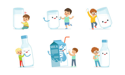 Little Boy and Humanized Milk in Glass and Carton Vector Set
