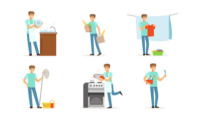 Fototapeta na wymiar Happy Man Mopping the Floor, Washing the Dishes and Shopping at Grocery Store Vector Set