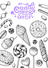 Set of sweets. Isolated on white background. Hand drawn vector illustration. Black and white candies set. Vector illustration in sketch style.