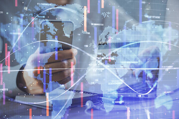 Double exposure of man hands holding a credit card and internet business theme drawing. Digital fintech and E-commerce concept.