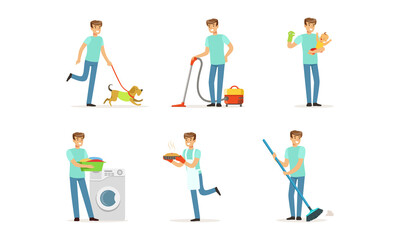 Happy Man Sweeping the Floor, Walking the Dog, Baking Pie and Nursing Baby Vector Set