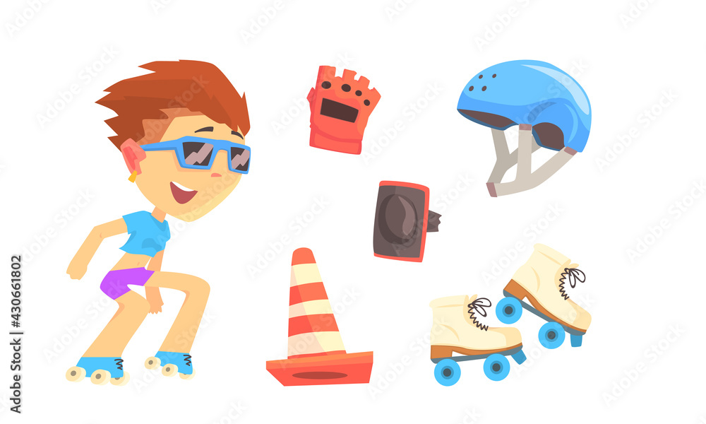 Poster roller skating attributes with girl rushing forward and helmet vector set