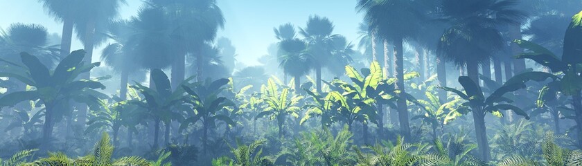Fototapeta na wymiar Jungle in the fog in the morning, coconut grove in the haze, palm trees in the fog, 3D rendering