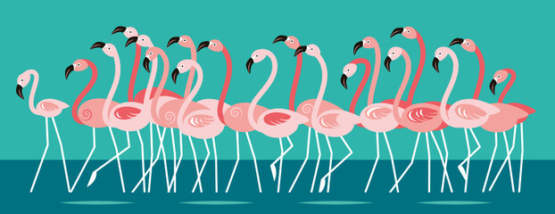 Pink beautiful Flamingo, flock of birds Cartoon vector illustration, horizontal banner. © LenLis