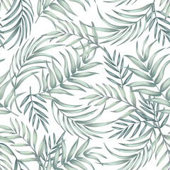Green tropical palm leaves seamless vector pattern on the black background.Trendy summer print.
