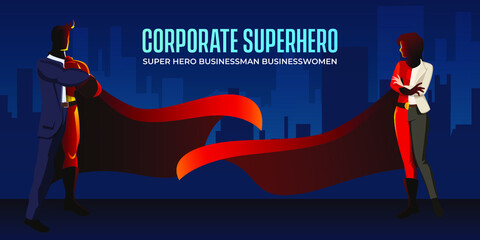 Superhero businessman and businesswomen with cape corporate executive with super skills