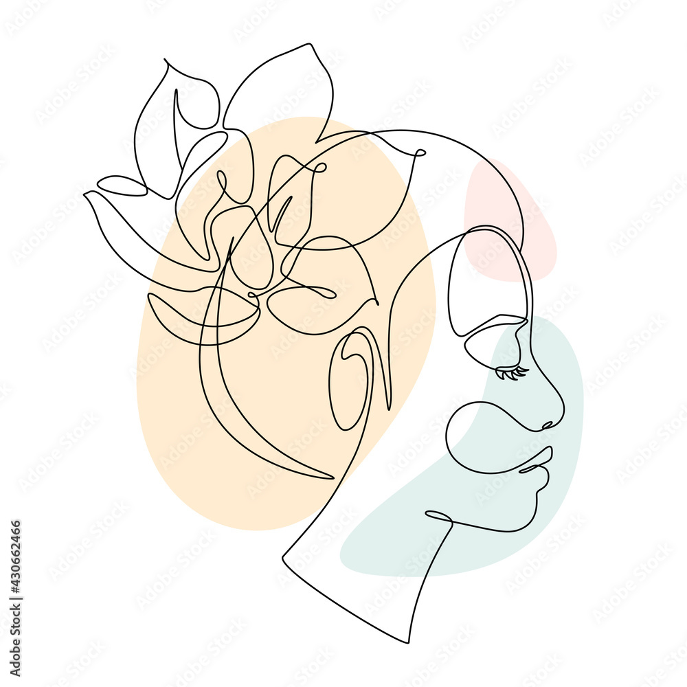 Aufkleber woman face with lotus flower in continuous line drawing. beautiful portrait in lineart style isolate